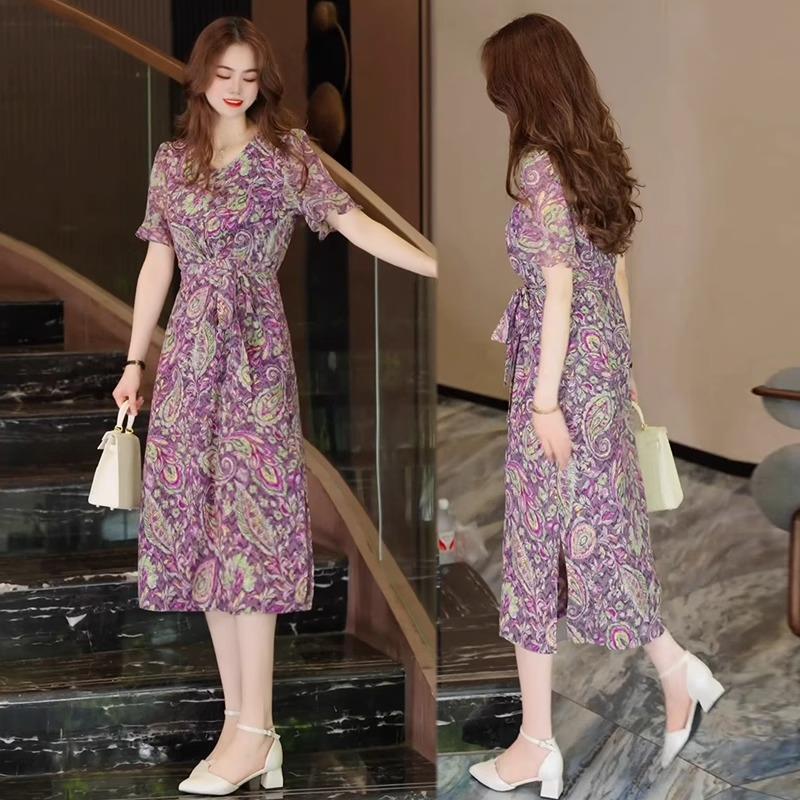 香港代购时尚碎花连衣裙女夏季新款遮肚子显瘦中长款气质雪纺裙子