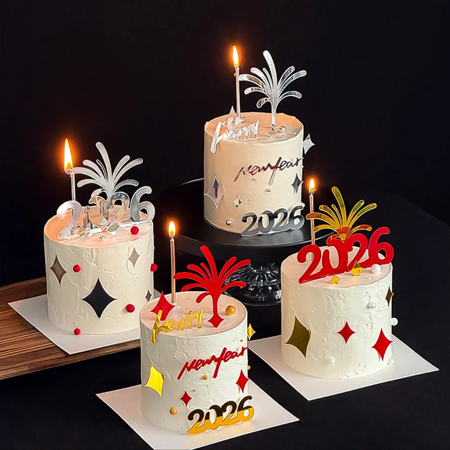 2026新年跨年红金happy newyear亚克力摆件插件甜品烘焙蛋糕装饰