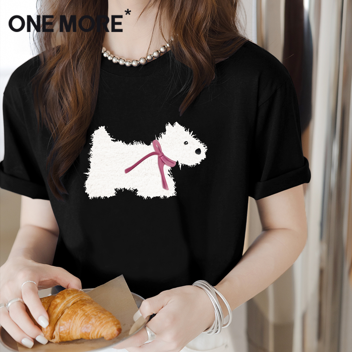 onemore黑色圆领宽松短袖t恤女