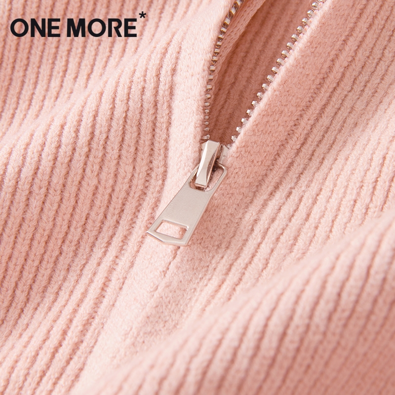 one more粉色连帽针织衫女2025新款小众设计感宽松毛衣外套上衣S