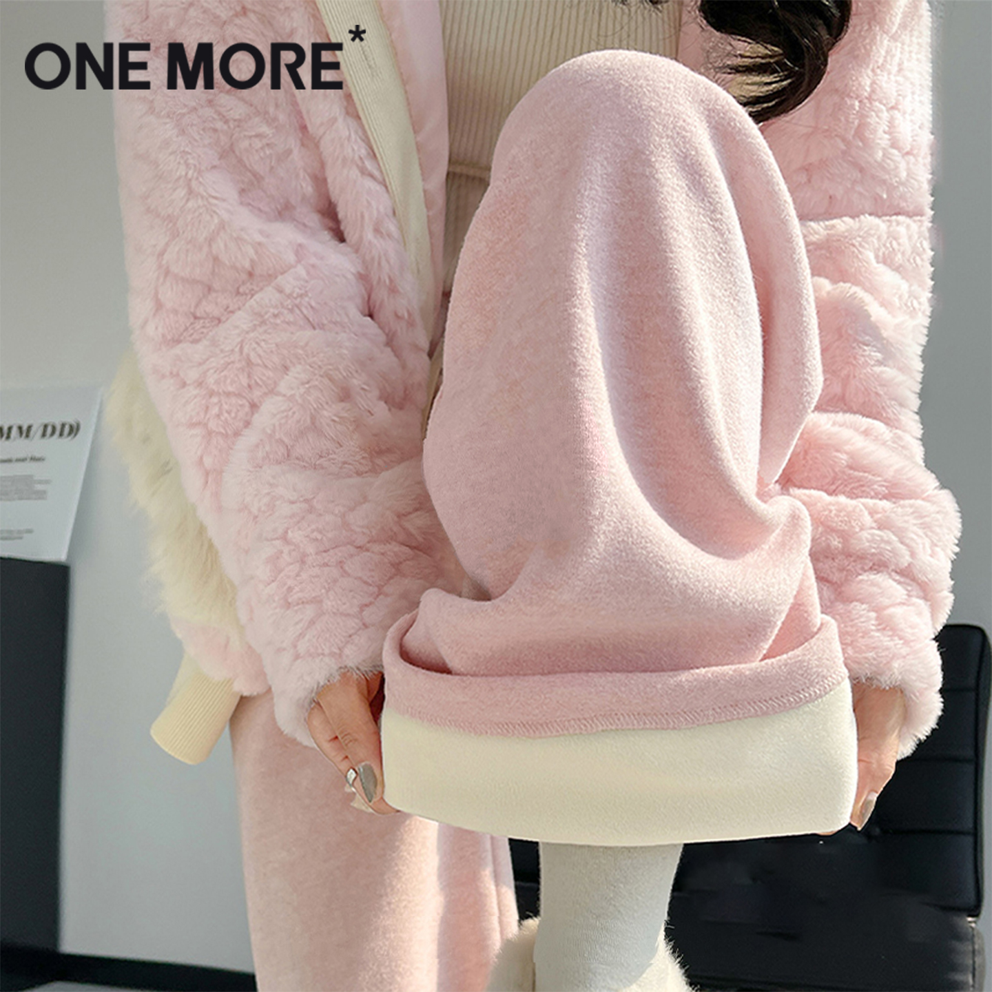 onemore粉色加绒裤子女高腰宽松