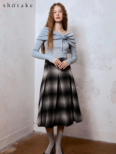 Shiitake 复古呢子羊毛格子半身裙褶子中长款冬季伞裙 棕色/灰色