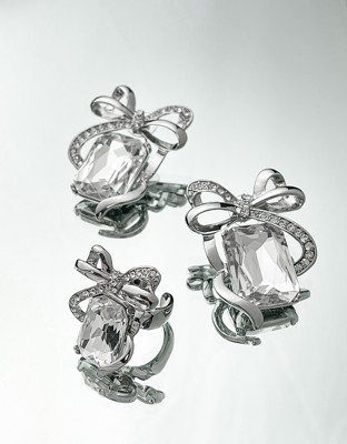 飘带蝴蝶结方钻耳夹耳针戒指小众