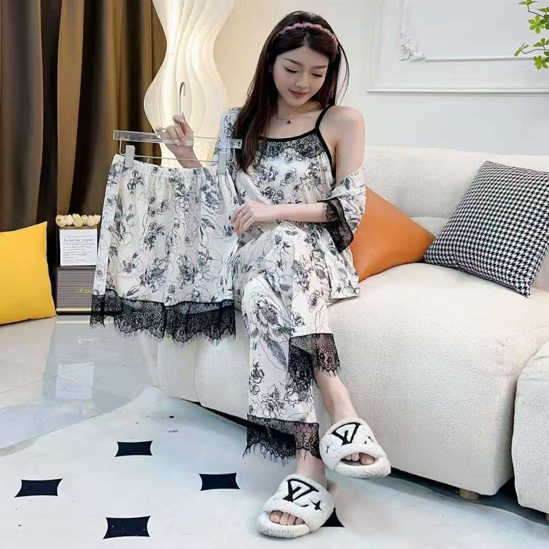 夏季蔷薇花冰丝蕾丝四件套女墨画新款性感睡衣套装印花舒适家居服