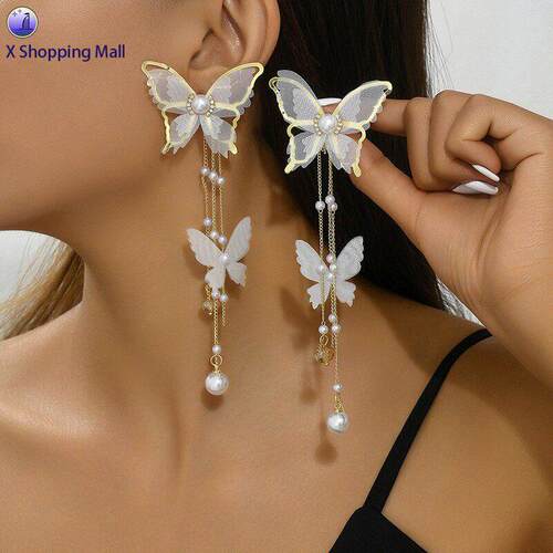 Tassel Stud Earrings Lace Diamond-Embellished Pearl Earrings