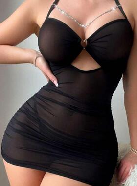 Sexy lingerie mesh see through neck hanging tight nightgown