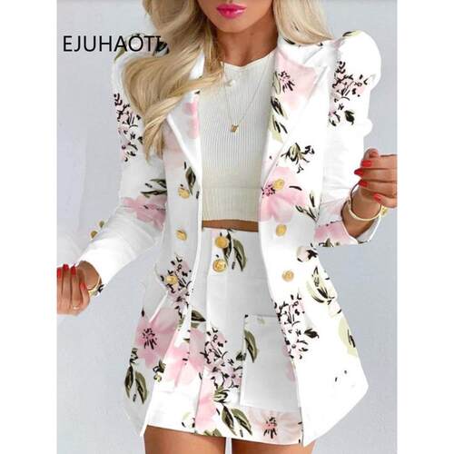 Spring Long Sleeve Solid Color Jacket with Mini Skirt Two-pi
