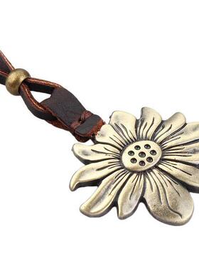 Necklace Distinctive Cowhide Rope Bronze Alloy Sunflower Pen