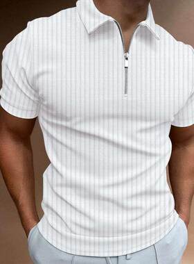 外贸男装时尚纯色暗条纹短袖Polo衫翻领修身T恤潮Men polo shirt