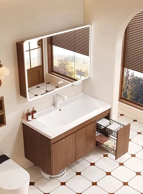 宋式美学中古风胡桃木色拉篮美妆收纳镜纯铝蜂窝浴室柜陶瓷一体盆