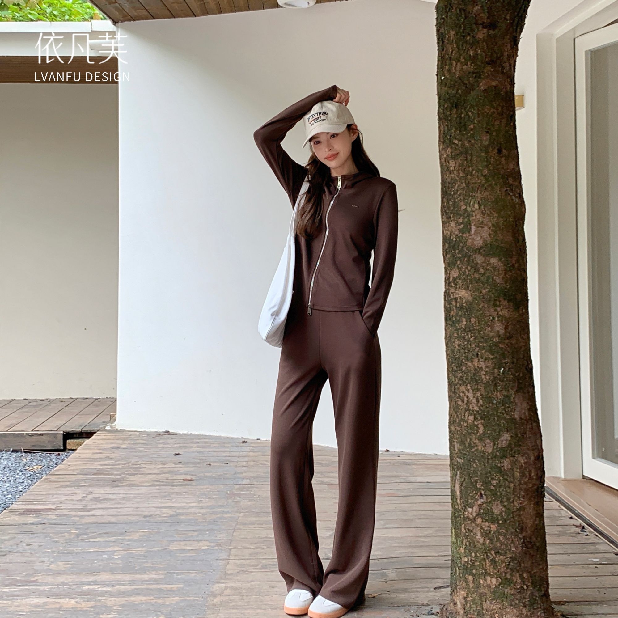百搭修身拉链卫衣显瘦阔腿裤套装