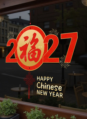2027羊年新年装扮玻璃贴纸烟花灯笼春节橱窗门贴无胶静电贴画4712