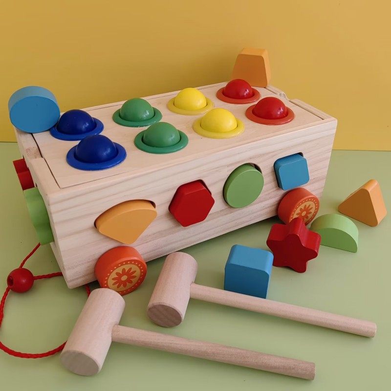 儿童拖拉玩具小车几何形状配对早教积木盒敲打台益智玩具1-2-3岁