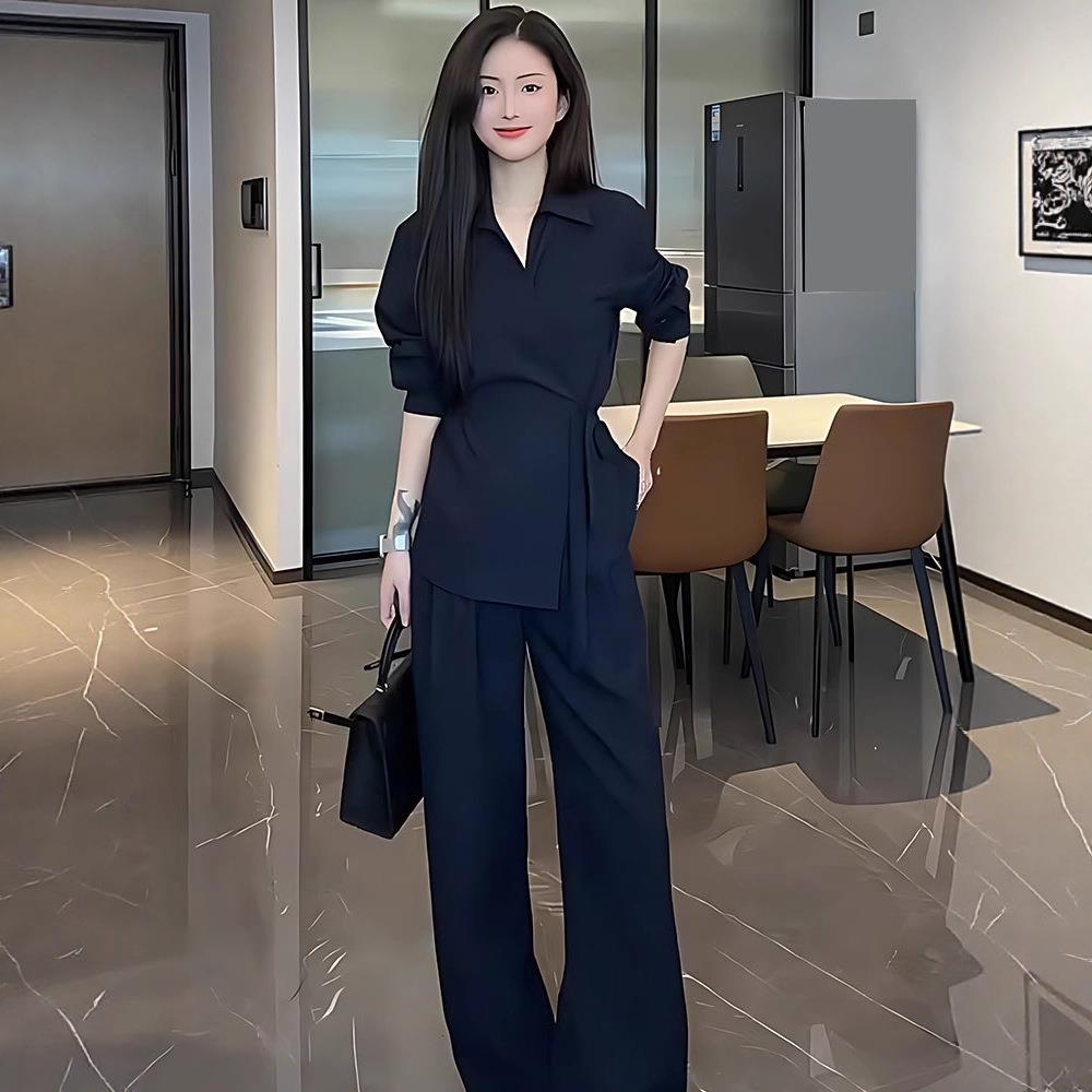 2025新款秋季高级感气质衬衫两件套装女胖mm显瘦阔腿裤加大码女装