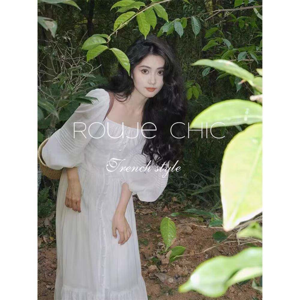法国Rouje Chic法式设计感小众泡泡袖白色长版洋装女夏季新款裙