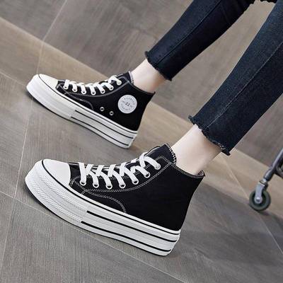 潮牌厚底高帮帆布鞋女2024年春秋新款小众鞋子女松糕网红休闲板鞋
