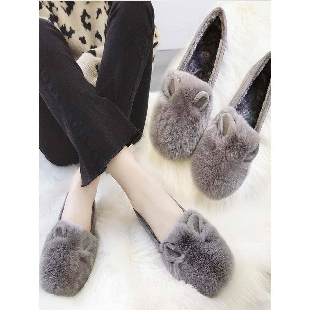 潮牌兔耳朵毛毛鞋女豆豆鞋女2025新款秋冬外穿单鞋女平底加绒棉鞋