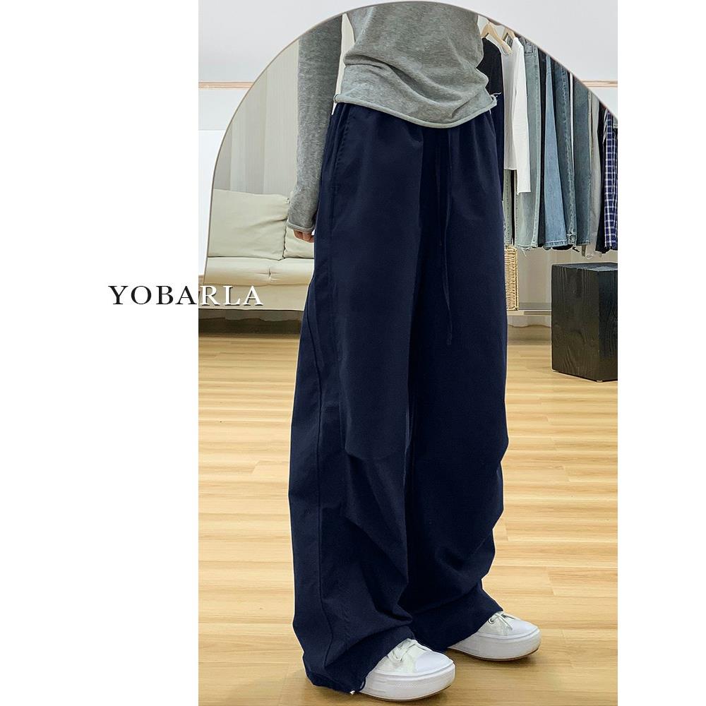 韩国Honey koko⭐美式藏青色休闲工装裤女秋季大码宽松阔腿运动裤