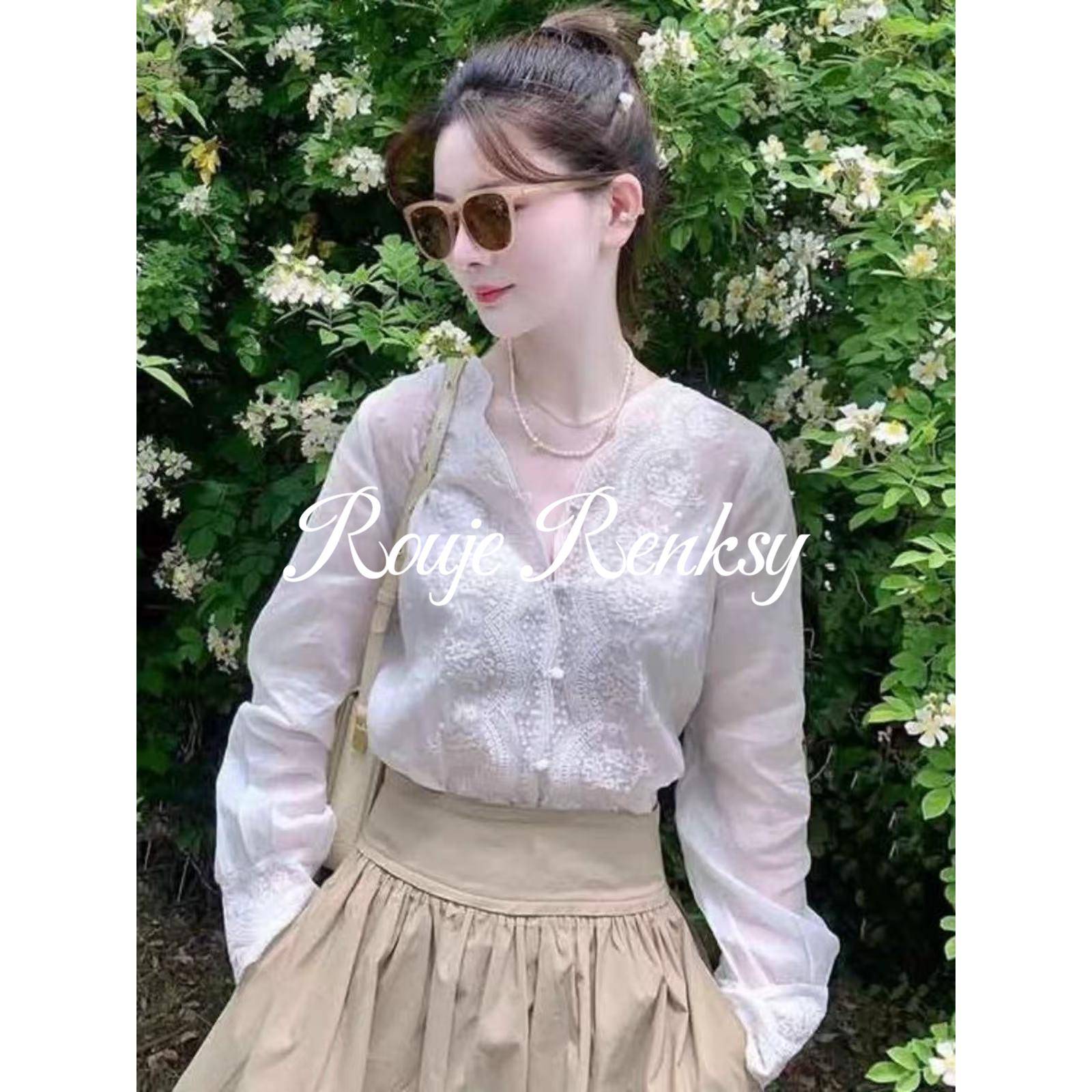 法国rouje renksy法式气质减龄V领蕾丝刺绣白色薄款简约衬衫女春