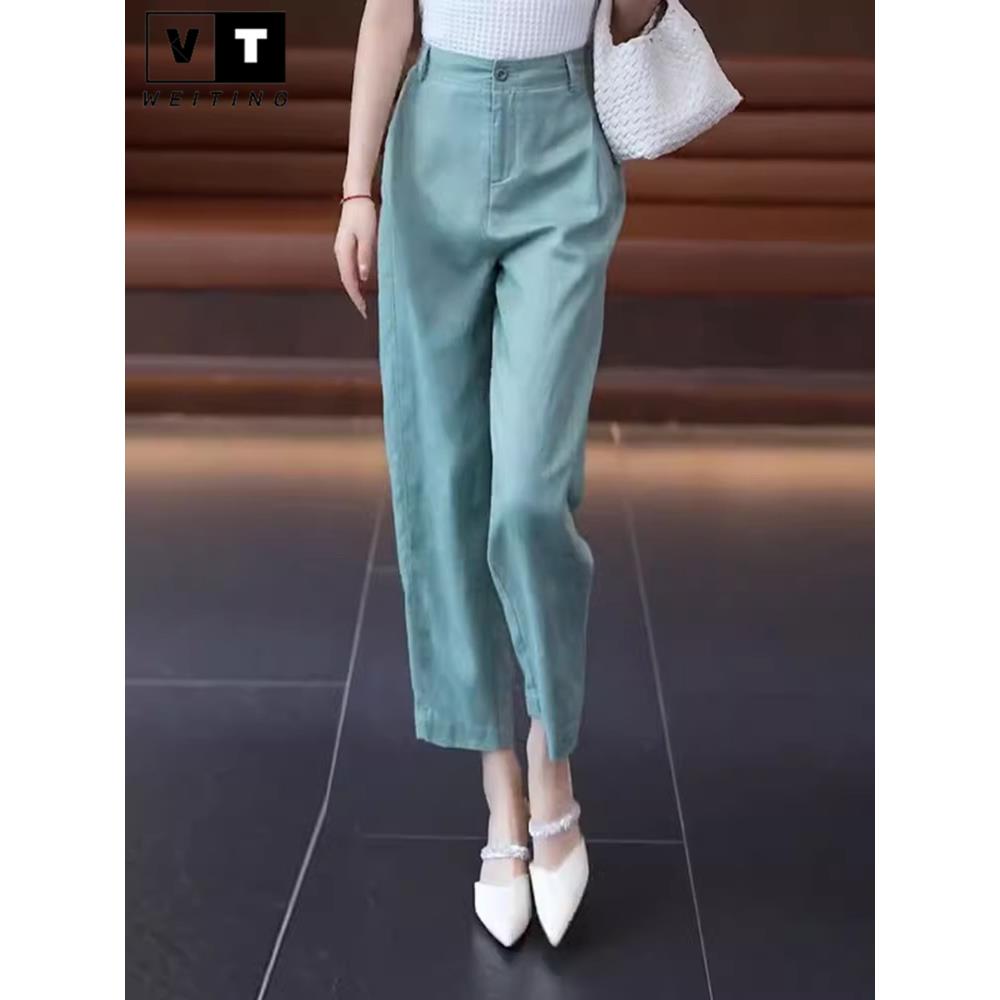 WEI TING天丝九分休闲西装裤女夏季薄款亚麻女士裤子哈伦烟管裤女