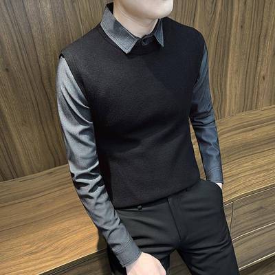 TWG假两件毛衣男士衬衫领秋冬新品2023年男装高级感针织衫打底衫