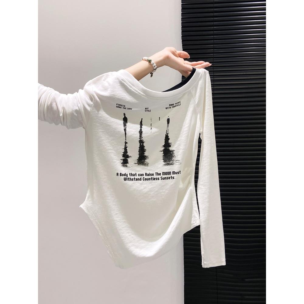 韩国春秋设计感韩版小众修身设计感印花长袖斜肩T恤打底衫上衣女