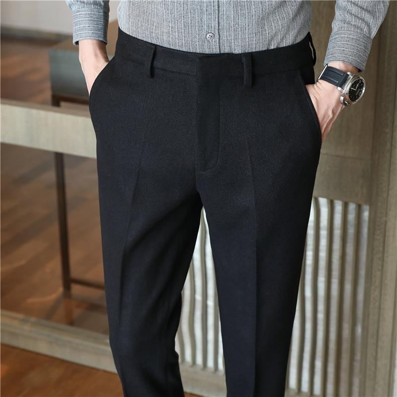 高端毛呢休闲西裤男修身直筒秋冬款加厚商务正装免烫磨毛西装裤子