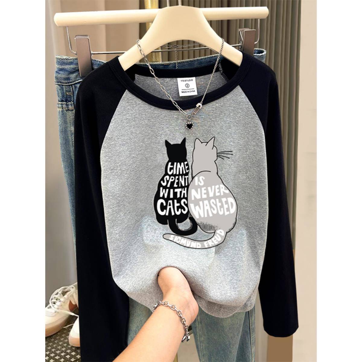 韩国春秋美式拼色正肩纯棉长袖t恤女设计感小众时尚上衣打底衫