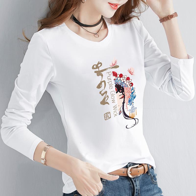 纯棉长袖T恤女春秋2024新款韩版修身圆领印花短款打底衫内搭上衣