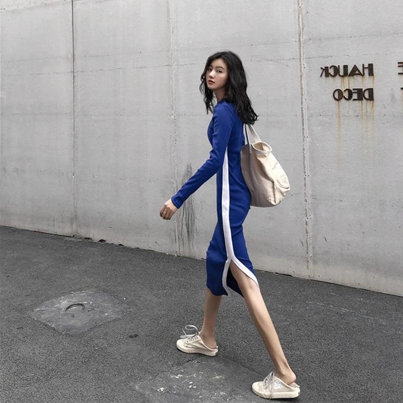 欧洲站春装女款2025年新款法式修身气质裙子中长版长袖针织洋装