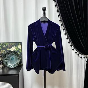 罗马女神紫色金丝绒法式宫廷复古风西装短款外套