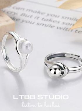 LTBB 纯银欧美简约冷淡风几何圆球独特设计感开口S925银戒指男女