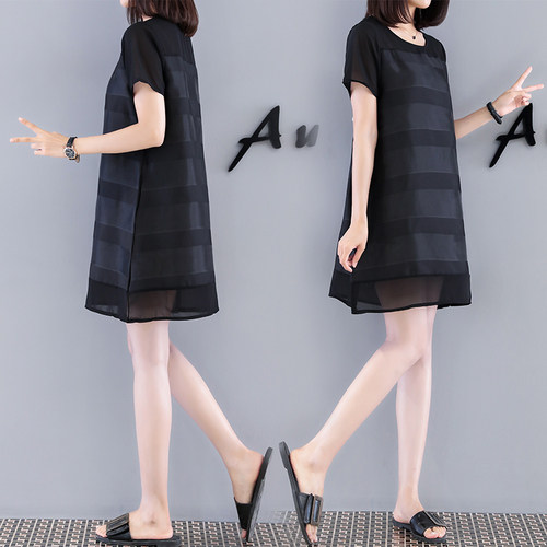 Europe station 2022 summer new pattern Korean Edition stripe Large Dress fashion black Easy temperamentin the Women's clothing/Boutique , Large size women  category - from Buy2taobao.com to provide professional Taobao agent buy service