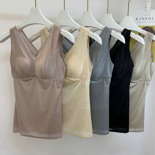 4988新款v领缎面乳胶固定杯大胸显小舒适透气桑蚕丝背心内衣女