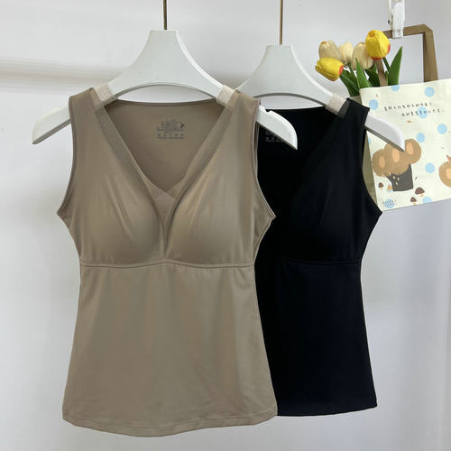 新款秋冬保暖背心带胸垫免穿文胸单层磨毛美体亲肤无袖上衣打底衫