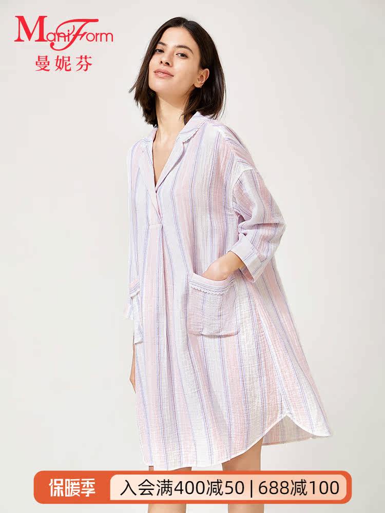Maniform pure cotton lapel three-quarter-sleeved nightdress women's home clothes comfortable half-cardigan living clothes 20310703