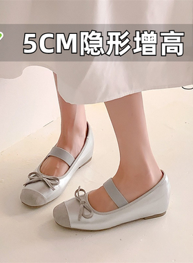 蝴蝶结芭蕾舞玛丽珍鞋甜美软底法式内增高银色单鞋小码女鞋323334