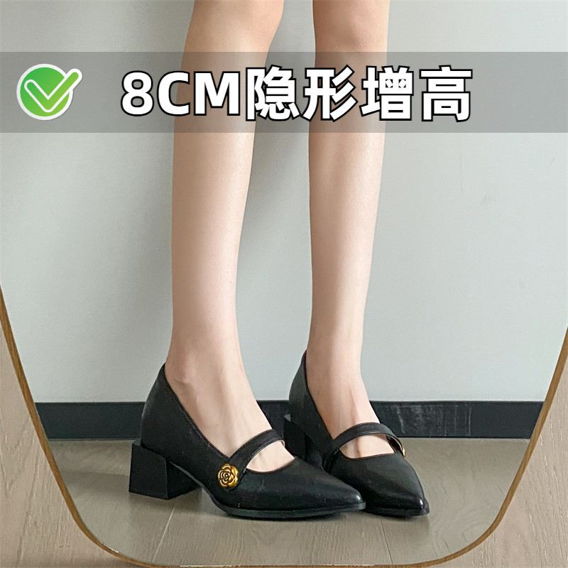 内增高尖头玛丽珍鞋2025夏新款粗跟单鞋山茶花小皮鞋小码女鞋3233