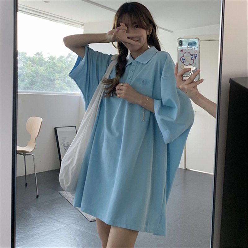 polo衫短袖t恤裙子女夏季韩版宽松中长款下衣失踪连衣裙翻领上衣