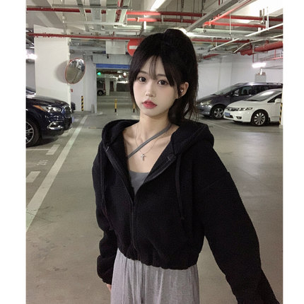 羊羔毛连帽短款开衫拉链卫衣女秋冬季小个子宽松加绒加厚外套上衣