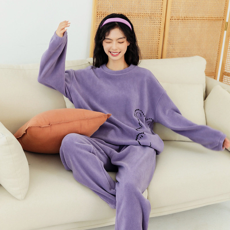 加绒加厚保暖睡衣套装女冬季圆领珊瑚绒家居服法兰绒可外穿居家服
