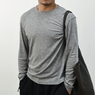 君砰369 极简风灰色长袖圆领T恤男休闲户外可机洗打底衫