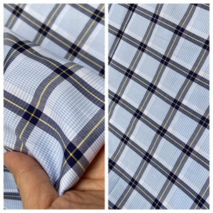蓝格纹棉粘纤涤纶混纺春夏薄款面料设计师服饰柔软亲肤布料