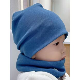 儿童纯棉帽子围脖两件套春秋纯色双层宝宝帽子套头脖套幼儿男女童
