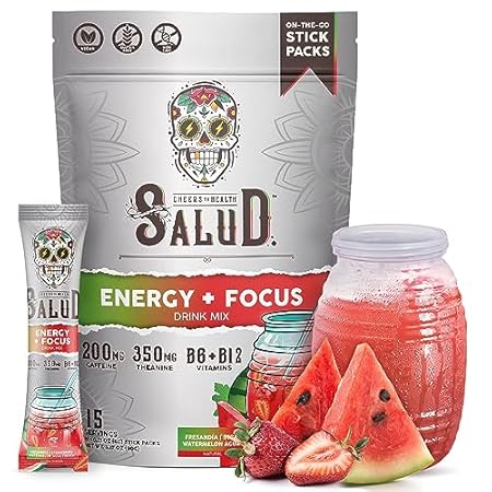 Salud 2-in-1 Energy and Focus Drink Powder， Strawberry Wa