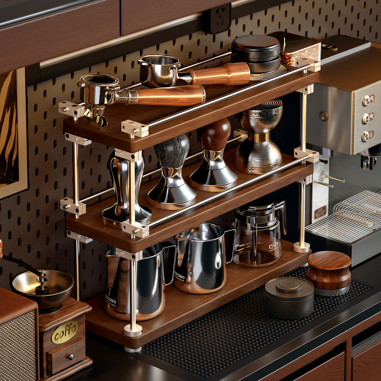 中古光轴咖啡机置物架实木桌上杯子茶具多层收纳层架餐柜布置改造