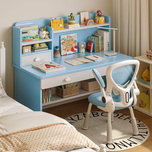 实木儿童书桌书架一体桌子学习桌小学生家用卧室书桌椅套装女孩