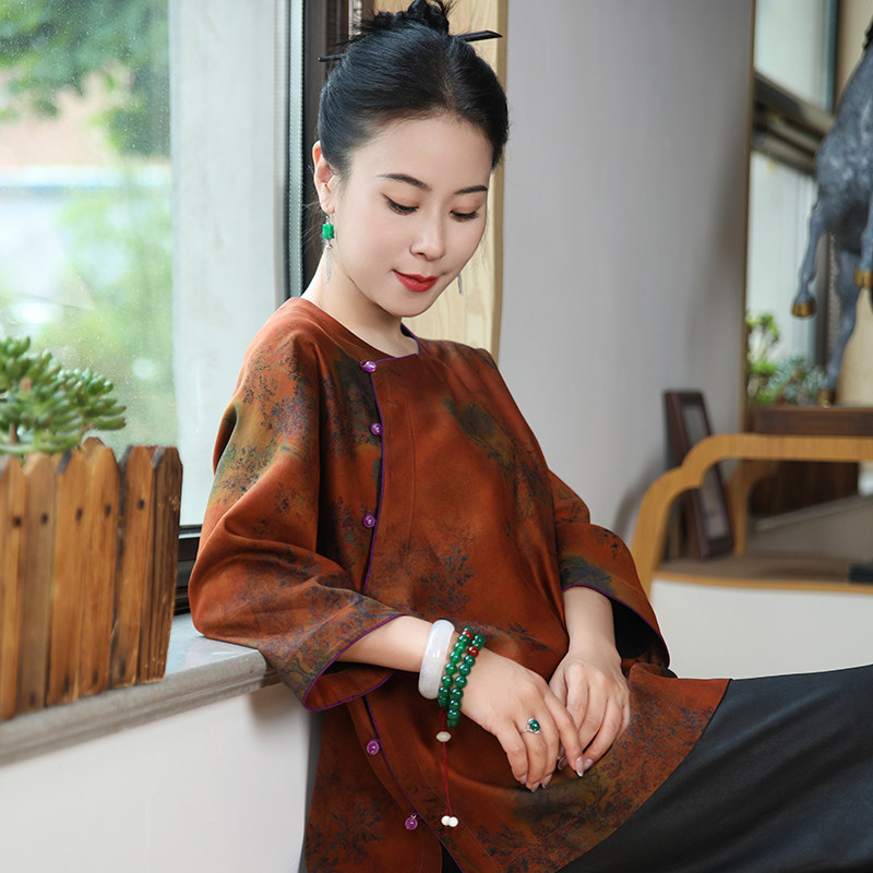 40姆米重缎香云纱宽松上衣夏季新中式复古改良唐装中国风真丝女装