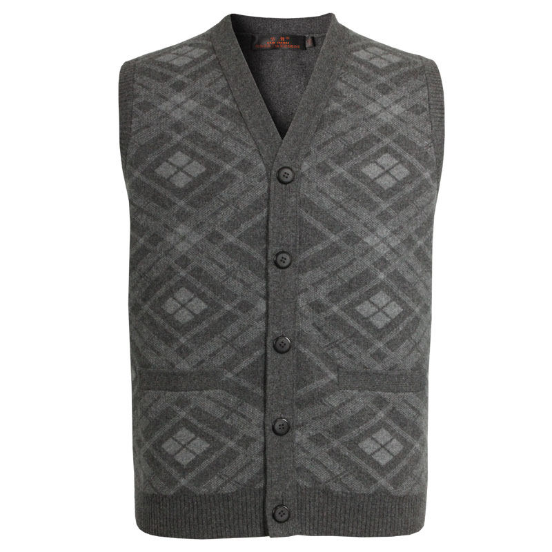 雪舟男式牦牛绒V领背心针织春秋季厚款休闲毛衣保暖马甲