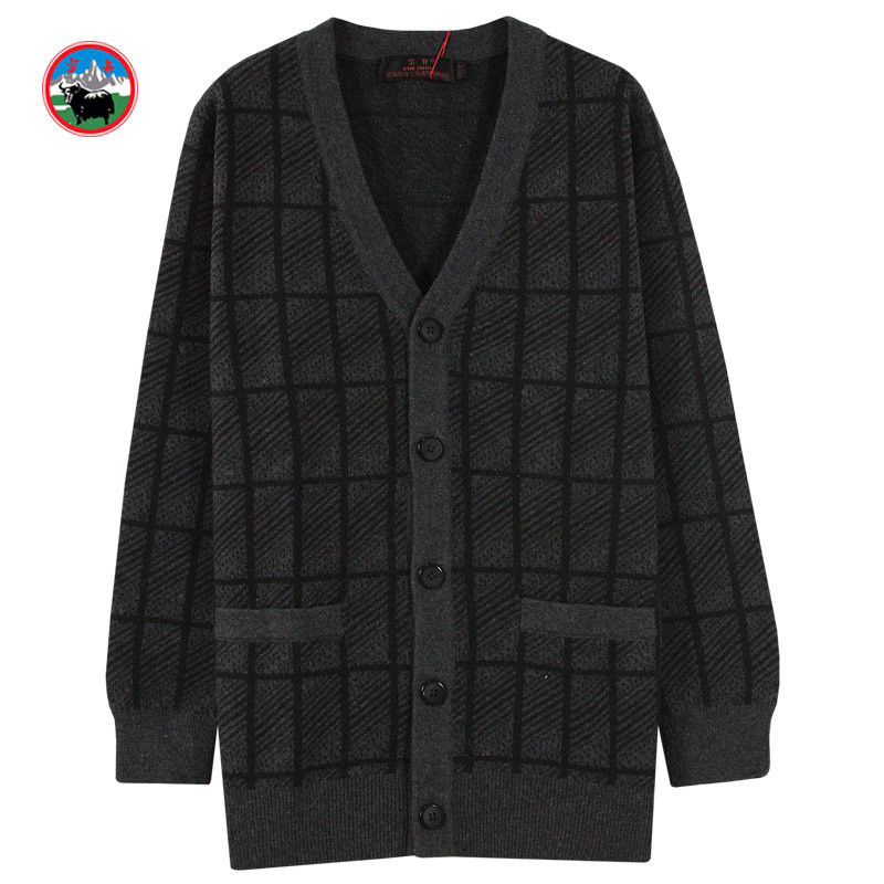 雪舟男式牦牛绒开衫V领秋冬季宽松厚款保暖毛衣爸爸装